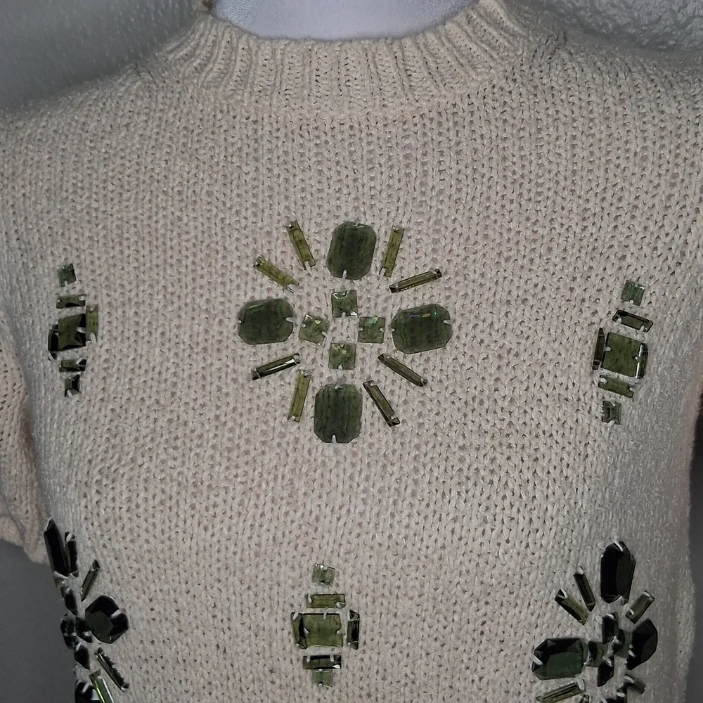 J.Crew Cream Green Jeweled Short Sleeve Medallion Sweatshirt Boho XS